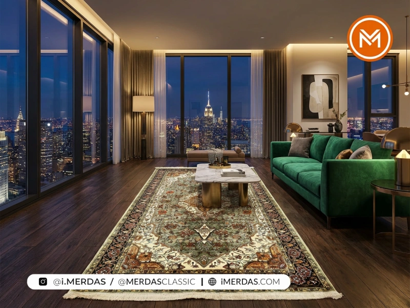 خرید و قیمت فرش کهنه نما کد 100354 زمینه سبز از مرداس