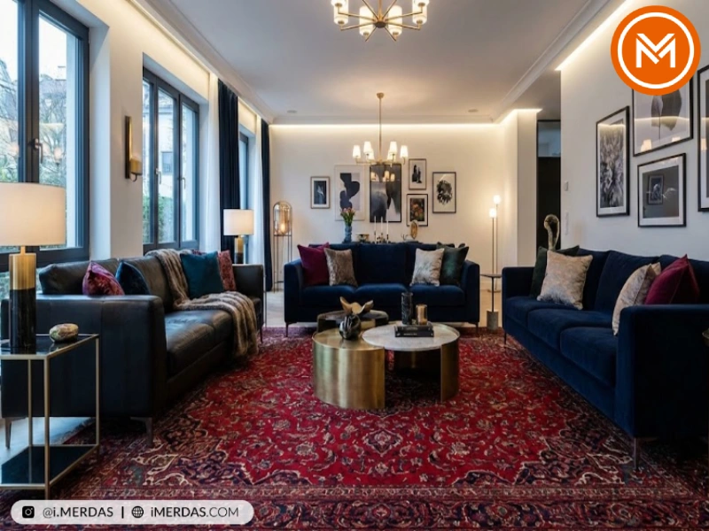 مبل مشکی یا سرمه‌ای با فرش قرمز