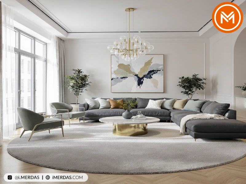 چیدمان مبل با فرش گرد در پذیرایی بزرگ