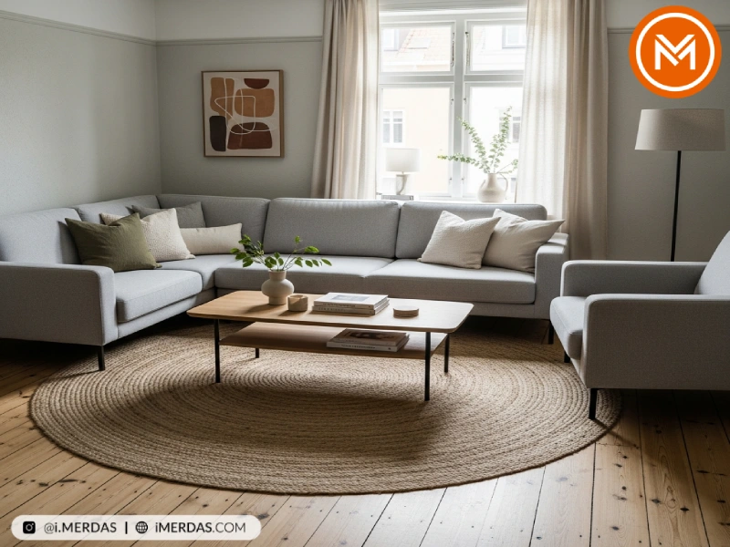 چیدمان مبل با فرش گرد در پذیرایی کوچک