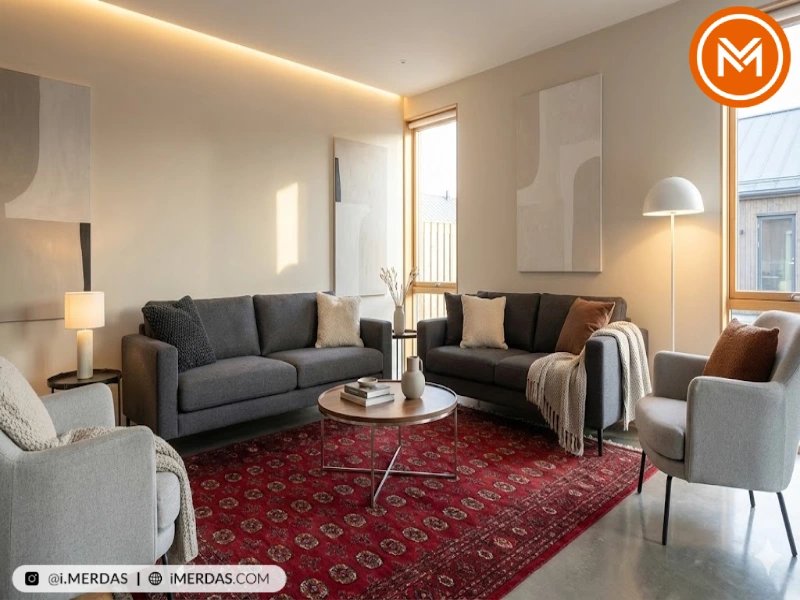 مبل طوسی با فرش قرمز